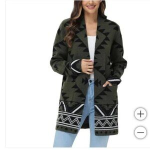 New Frye Olive, Black, & White Aztec Patterned Cardigan Sz Medium (8-10)